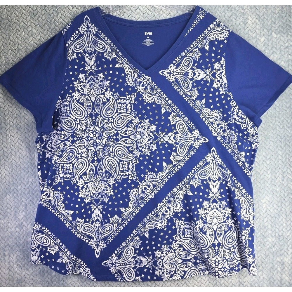 Evri Pullover Tunic Top Bandana Blue July 4th Short Sleeves 3X Comfort Airy